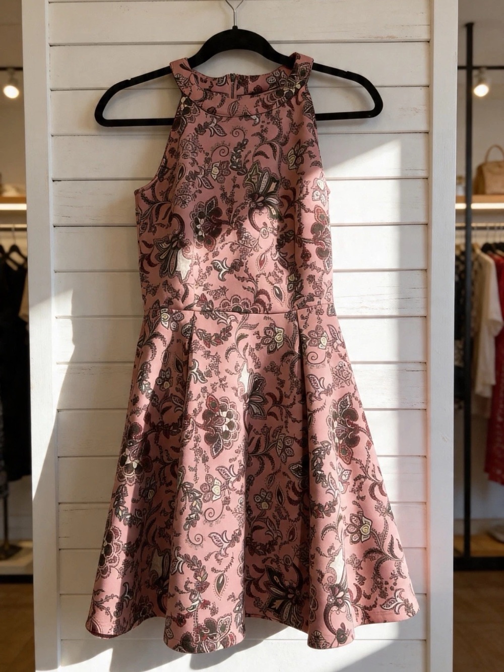 Copper Key Pink Brown Floral Fit & Flare Dress Sleeveless High Neck  XS